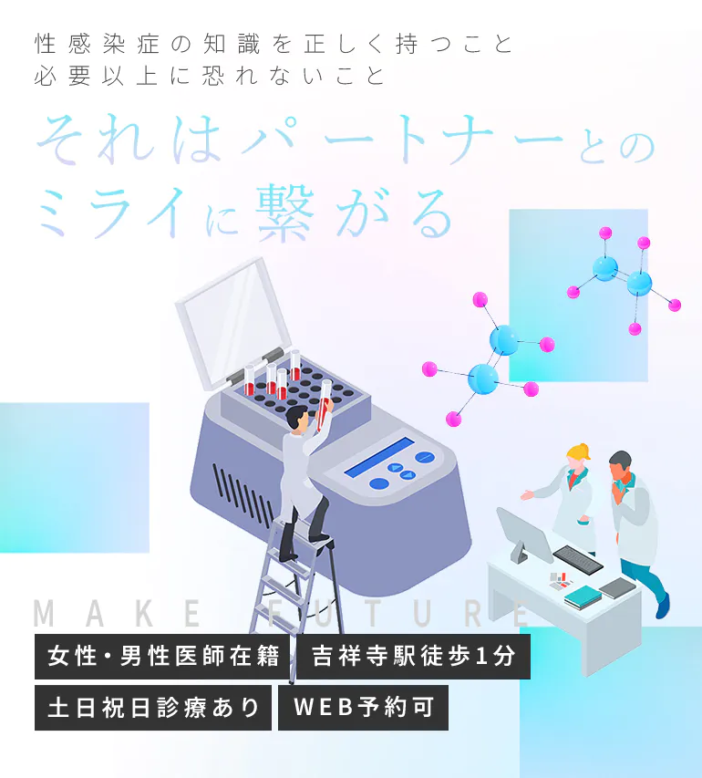 性感染症の知識を正しく持つこと 必要以上に恐れないこと それはパートナーとのミライに繋がる MAKE FUTURE 女性・男性医師在籍/吉祥寺駅徒歩1分/土日祝日診療あり/WEB予約可